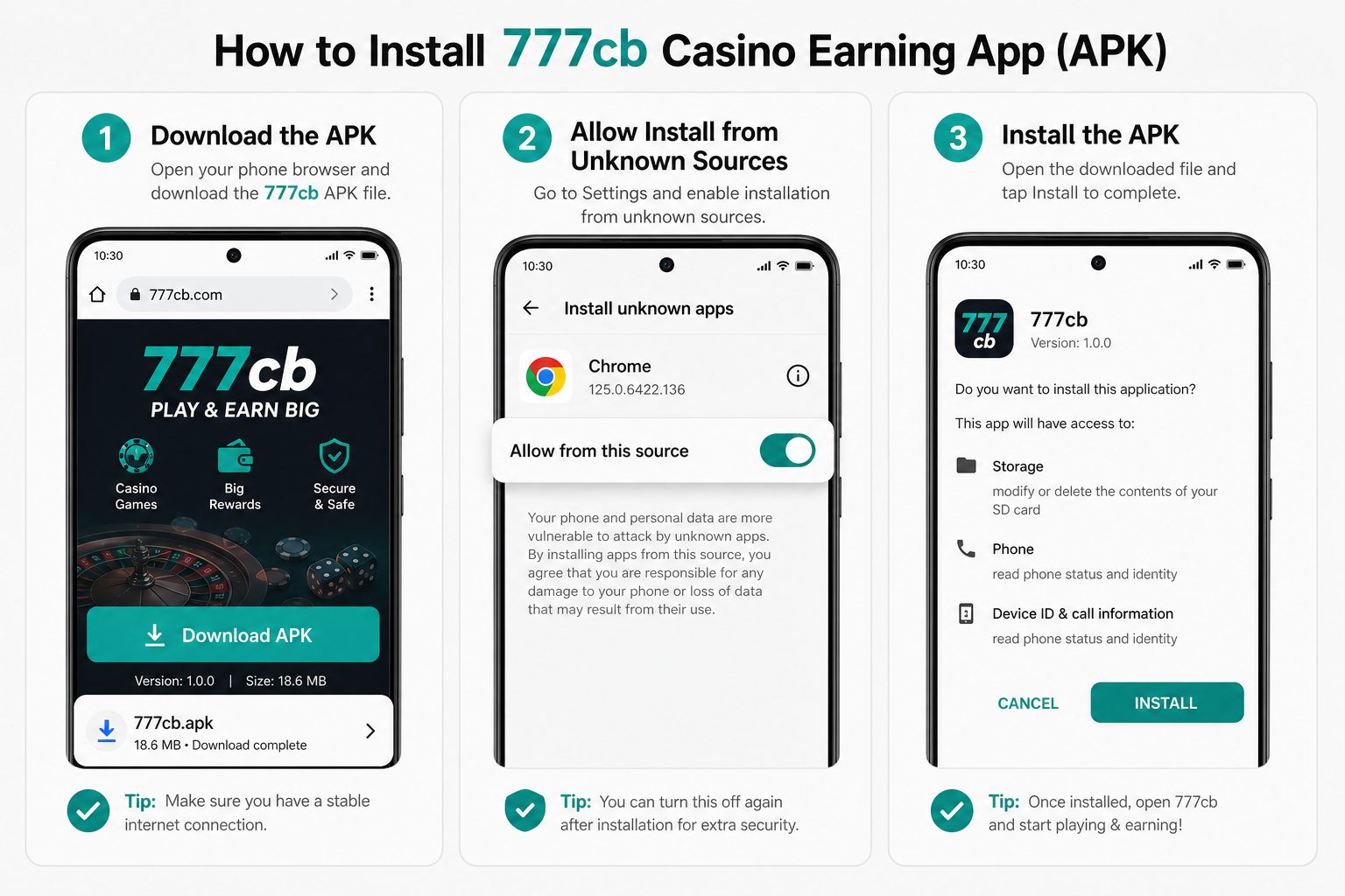 777CB APK download and install steps on Android